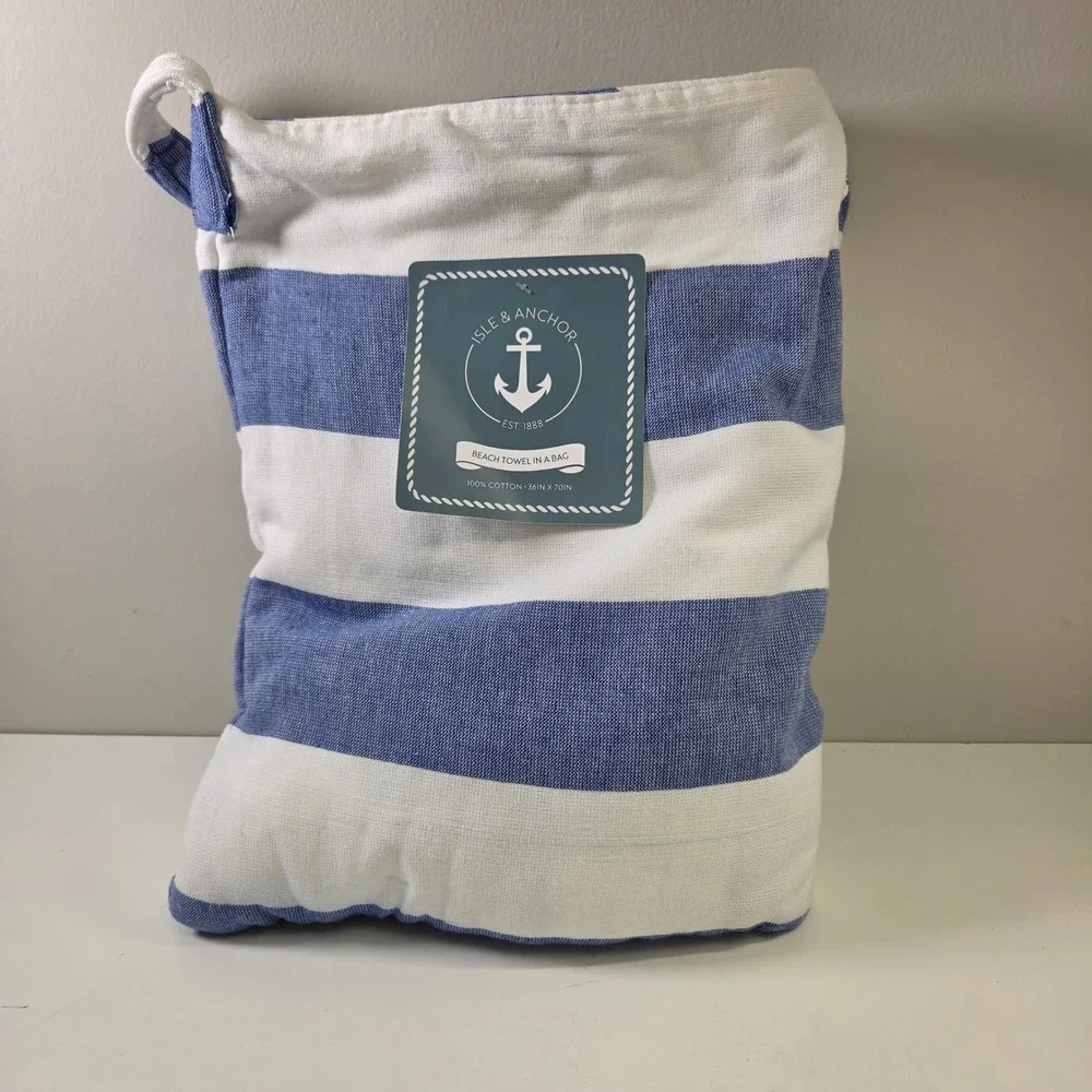 Isle & Anchor Beach Towel In A Bag Blue White Striped 100% Cotton 36x70 NWT